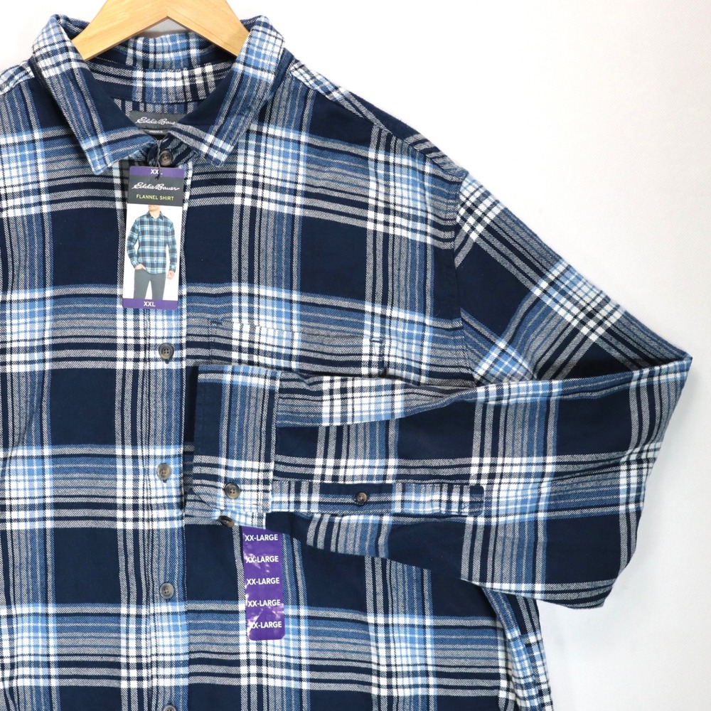 Eddie Bauer Flannel Shirt Mens XXL Blue Plaid Cotton Button Down NWT Flaw